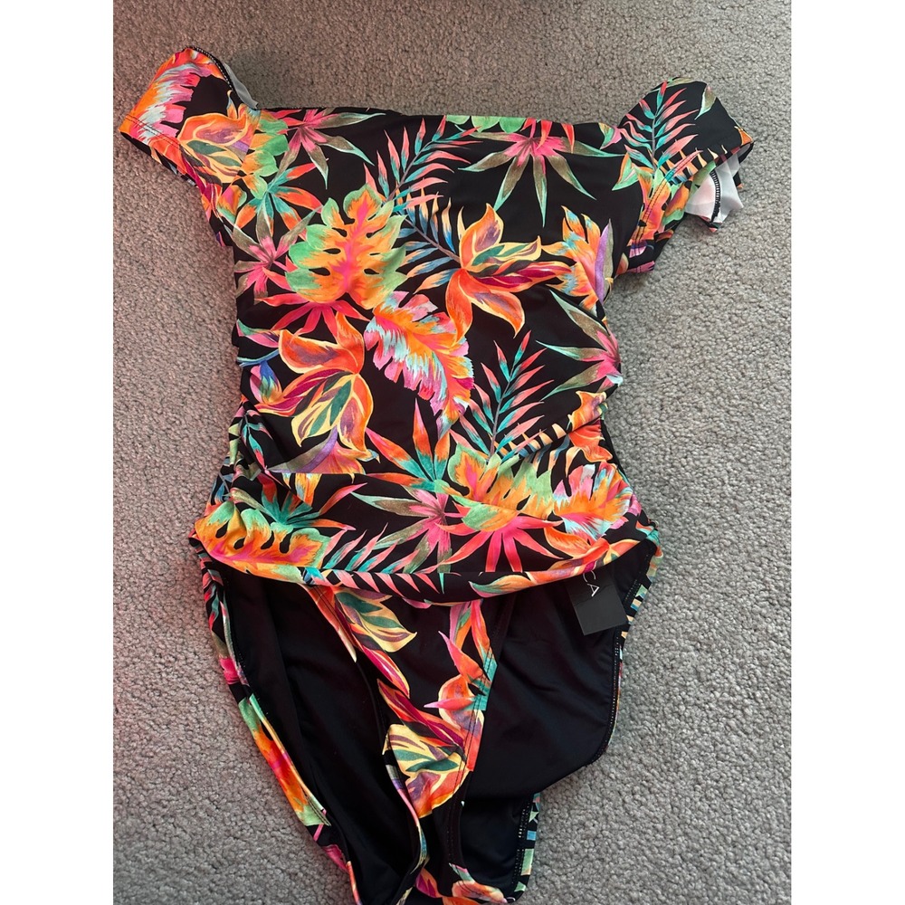 La Blanca Tropical Floral Off The Shoulder One Piece Swimsuit UPF 50+ Size 8 - Picture 2 of 6